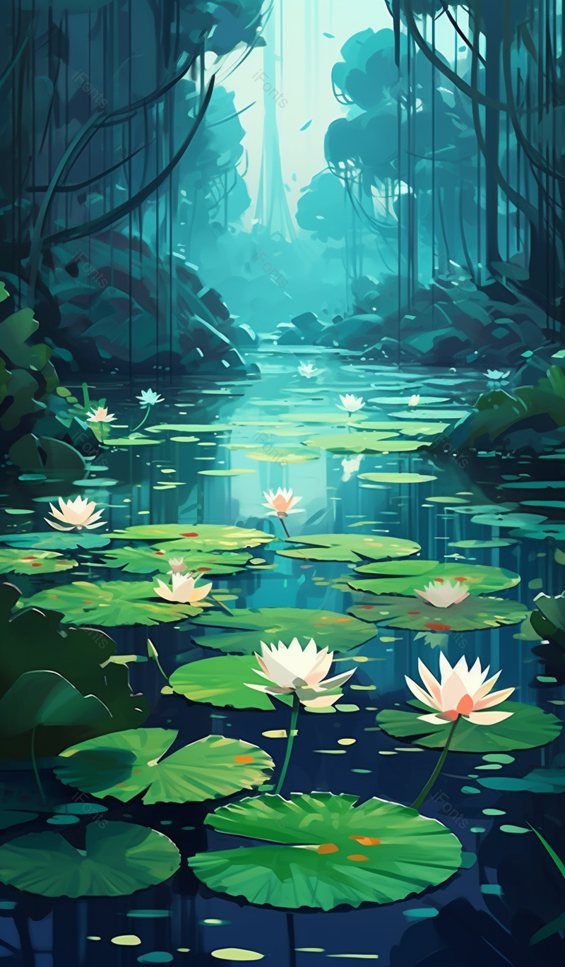 唯美绿色夏至池塘的风景清新插画背景,插画/手绘图,插画/手绘图库,插画/手绘图下载,插画/手绘